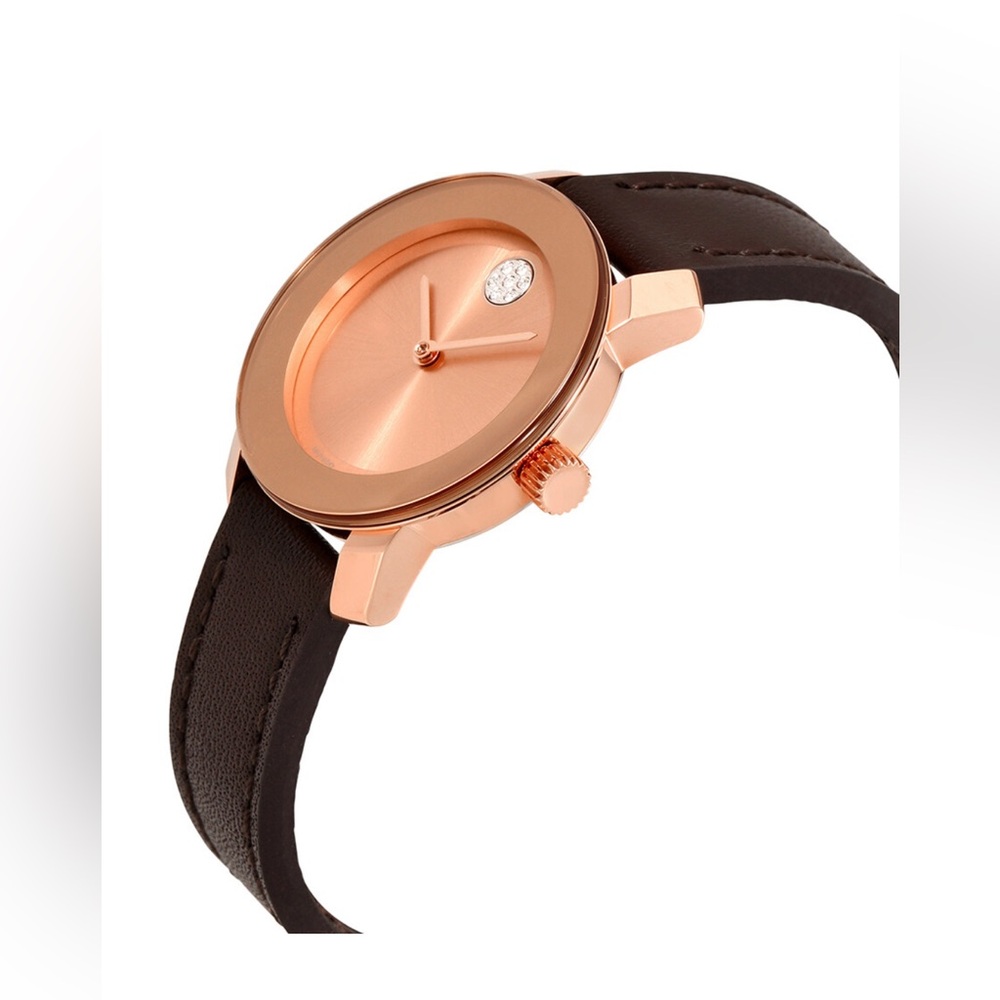 New Movado Bold Women’s Rose Gold Brown Leather Strap Watch 3600438 - Picture 2 of 4